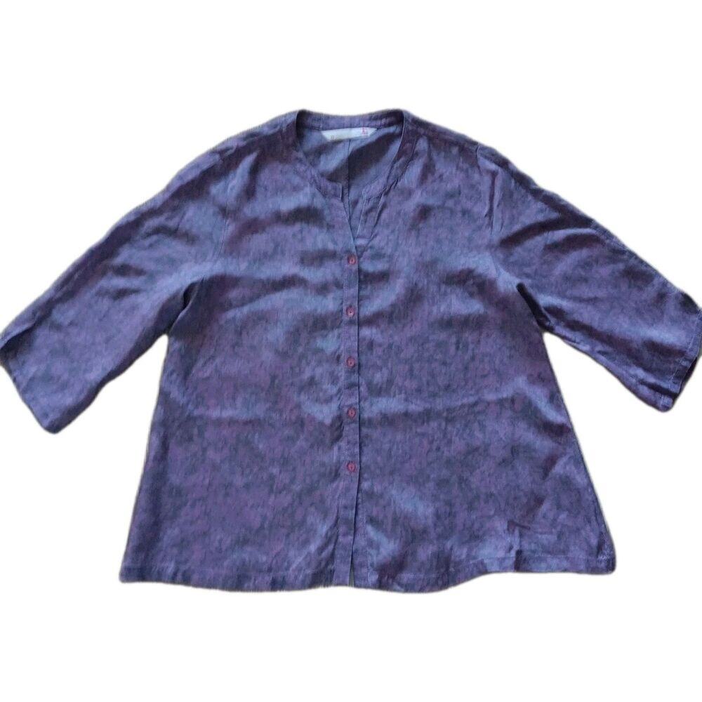 Shilla Top Womens Large Purple Button Front Vneck 3/4 Sleeve Silky Satin Tunic